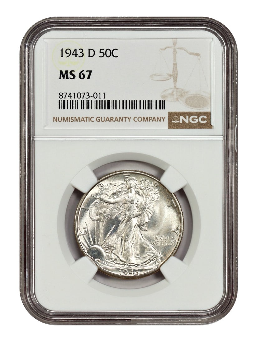 Walking Liberty Half Dollar (1943-D) MS67: Walking Liberty Half Dollar (1943-D) MS67 The Walking Liberty Half Dollar, minted in 1943 and certified MS67 by the NGC, is an exceptional example of American numismatic history. Its uncirculated cond