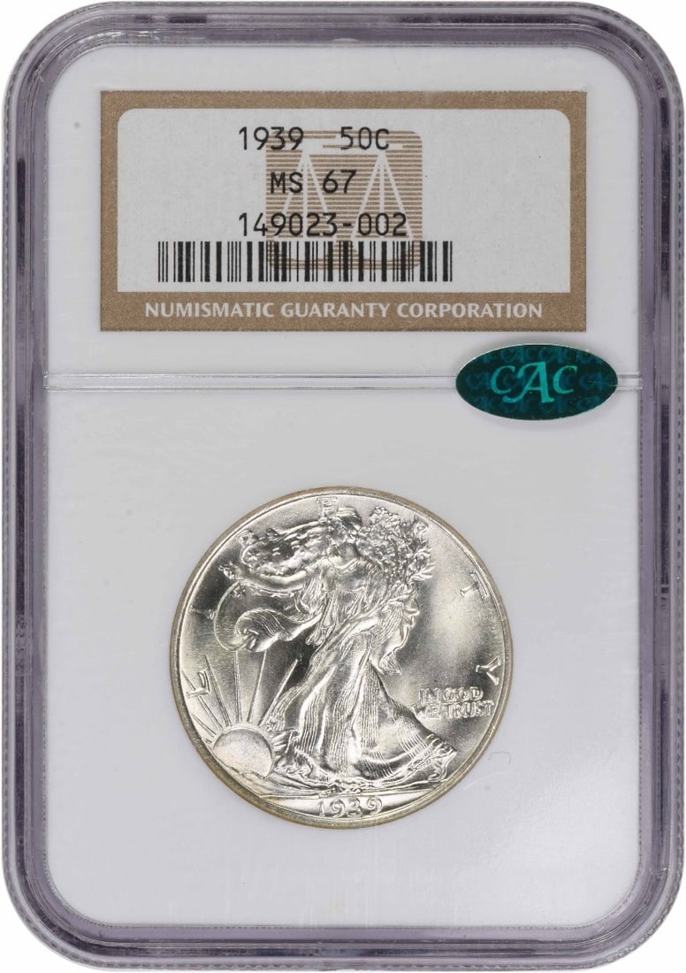 1939 Walking Liberty Silver Half Dollar MS67 NGC CAC: 1939 Walking Liberty Silver Half Dollar MS67 NGC CAC Experience the timeless beauty of America's iconic Walking Liberty half dollar, minted in 1939 and graded MS67 by the Numismatic Guaranty Corporati