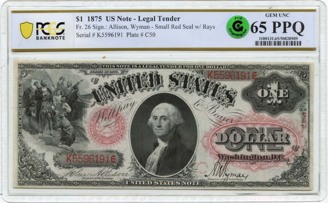 1875 $1 Legal Tender Note (FR#26) PCGS GEM 65 PPQ Choice GCC Green: 1875 $1 Legal Tender Note (FR#26) PCGS GEM 65 PPQ Choice GCC Green Rarity seekers, rejoice! This 1875 $1 Legal Tender Note is a true gem, boasting a stunning PCGS GEM 65 PPQ Choice GCC Green certifica