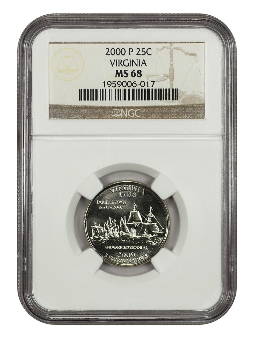 Washington 50 States Quarters - 2000-P 25C Virginia NGC MS68: Washington 50 States Quarters - 2000-P 25C Virginia NGC MS68 A rare and highly graded example of the 2000 Virginia quarter, certified by NGC at MS68, is up for auction. This uncirculated coin boasts e