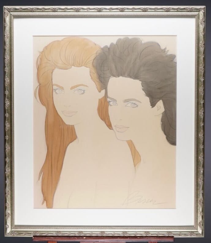Two Women Singed Framed - Roy Besser (American) Original Watercolor on paper: Two Women Singed Framed - Roy Besser (American) Original Watercolor on paper Experience the elegance of Art Deco illustration with Roy Besser's stunning watercolor painting, "Two Women Singed". This o
