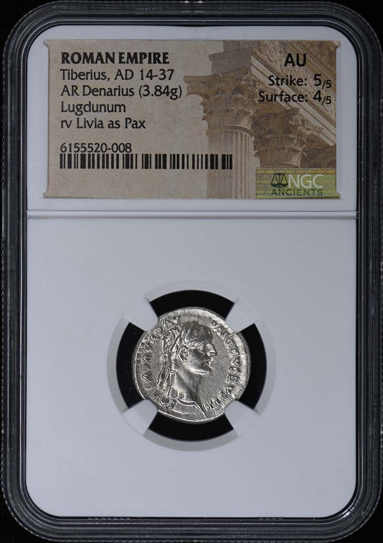 Roman Empire Tiberius AD 14-37 NGC AU 5/ 4 Ar Denarius: Roman Empire Tiberius AD 14-37 NGC AU 5/ 4 Ar Denarius Experience the grandeur of ancient Rome with this stunning Roman Empire Tiberius AD 14-37 NGC AU 5/4 Ar Denarius, certified by the renowned Numis