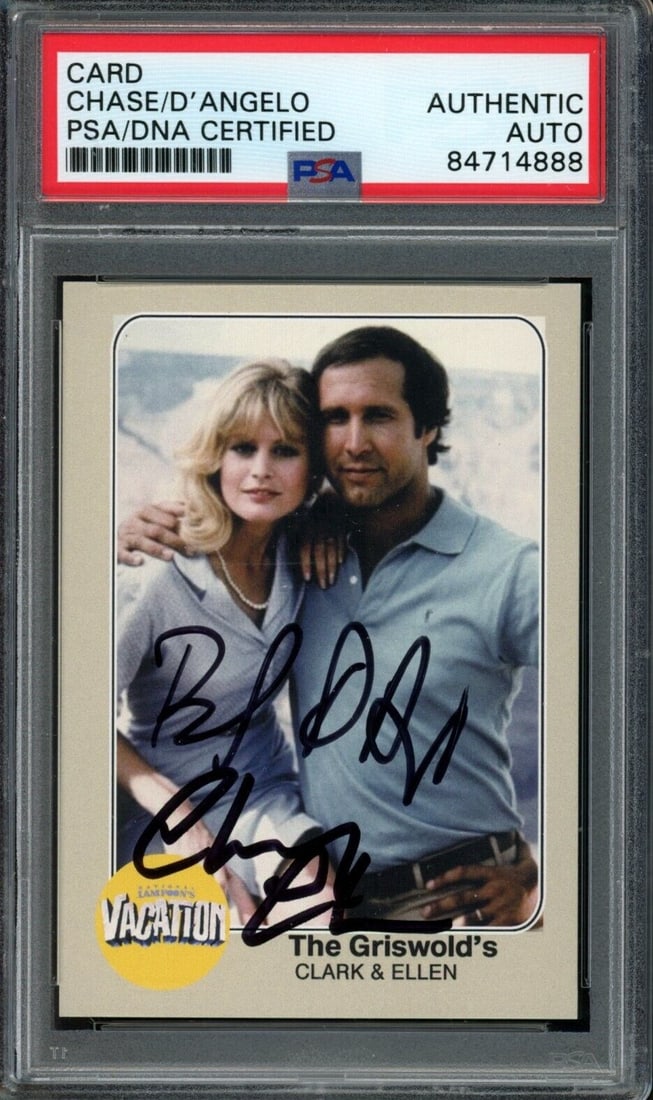 Chevy Chase & Beverly D'Angelo Signed Vacation PSA Trading Card (DNA 176804): Chevy Chase & Beverly D'Angelo Signed Vacation PSA Trading Card (DNA 176804) Get ready to own a piece of comedy history! This rare and authentic PSA/DNA authenticated trading card features the signatu