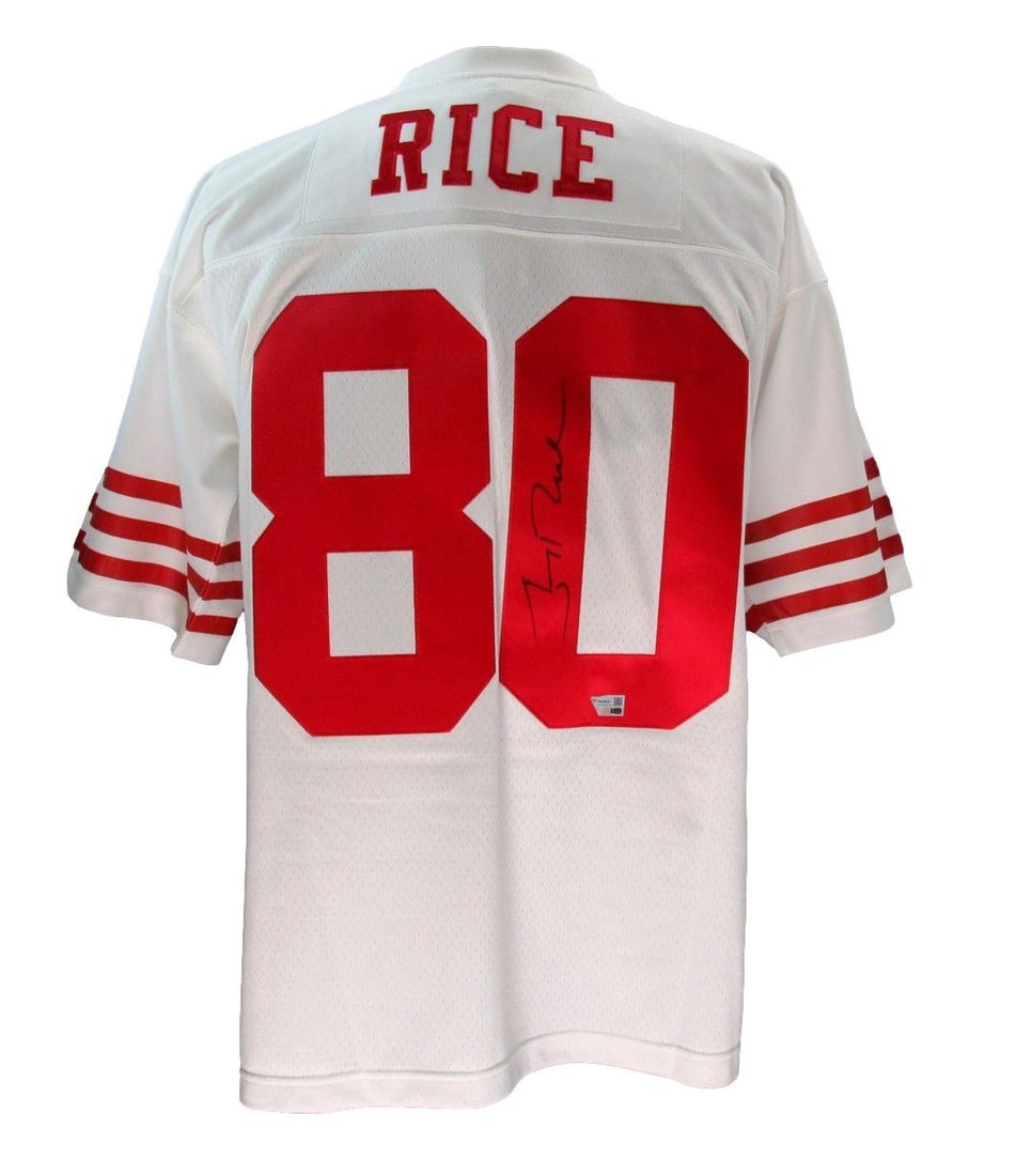 Jerry Rice HOF Autographed White Mitchell & Ness 49ers Fanatics Football Jersey: Jerry Rice HOF Autographed White Mitchell & Ness 49ers Fanatics Football Jersey Own a piece of NFL history with the iconic Jerry Rice HOF autographed White Mitchell & Ness 49ers fanatics football jers