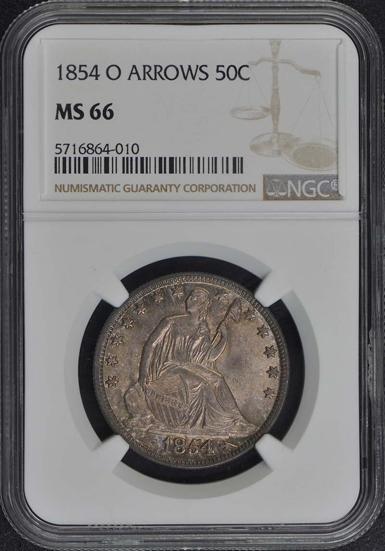 MS66 1854 O ARROWS Seated Liberty Half Dollar 50C NGC: MS66 1854 O ARROWS Seated Liberty Half Dollar 50C NGC Experience the rare beauty of the 1854 O Seated Liberty Half Dollar, certified MS66 by NGC. This stunning coin is one of only a handful in circula