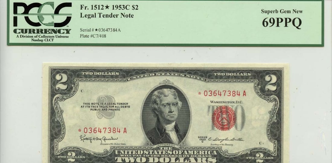 1953C $2 Legal Tender Note #1512* Superb Gem69 PPQ: 1953C $2 Legal Tender Note #1512* Superb Gem69 PPQ Experience the rare charm of a 1953C $2 Legal Tender Note, certified by PCGS as MS69 Uncirculated, with a stunning Gem69 grade. This exceptional note
