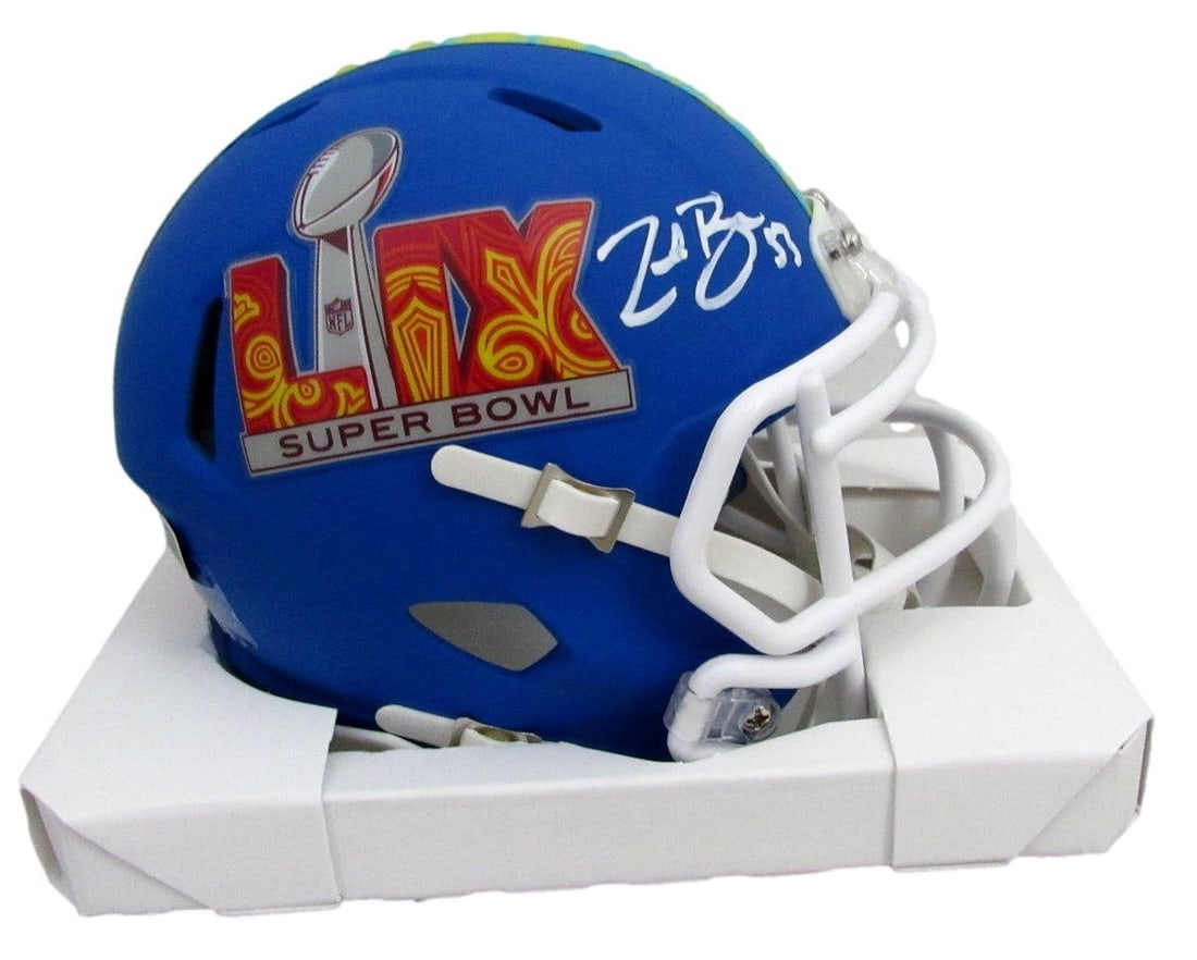 198926 Zack Baun Signed/ Autographed Blue Mini SB LIX Helmet Eagles Beckett: 198926 Zack Baun Signed/ Autographed Blue Mini SB LIX Helmet Eagles Beckett Get ready to show off your team spirit with the autographed Zack Baun mini SB LIX helmet, officially authenticated by Becket