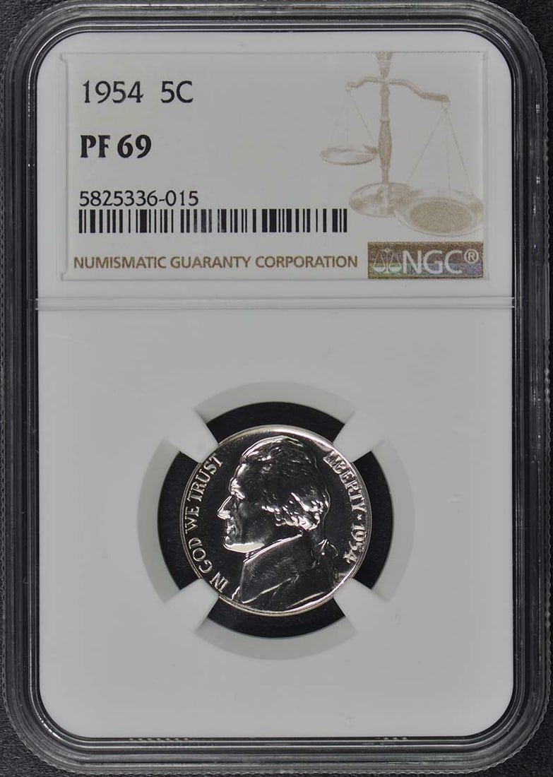 PR69 1954 Jefferson Nickel 5C NGC: PR69 1954 Jefferson Nickel 5C NGC A stunning example of American numismatics, this PR69 1954 Jefferson Nickel boasts exceptional condition and provenance, certified by the renowned NGC. As one of the