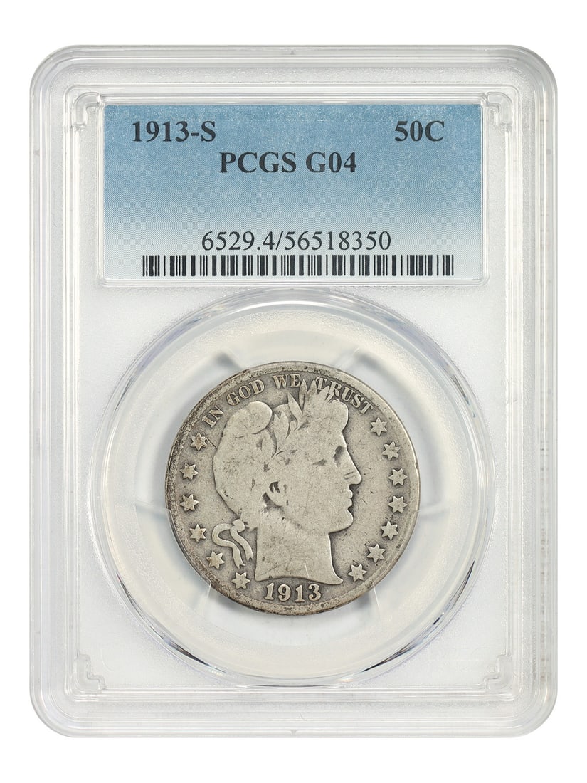 1913-S Barber Half Dollar PCGS Good 04: 1913-S Barber Half Dollar PCGS Good 04 Get your hands on a rare 1913-S Barber Half Dollar, certified by PCGS as Good 04 in circulated condition. This San Francisco Mint struck coin is a prized find fo