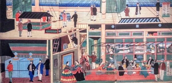 triptych Yoshikazu Japan Antique Woodblock Prints steamboat ship ladder dress: triptych Yoshikazu Japan Antique Woodblock Prints steamboat ship ladder dress Experience the elegance of Japan's 19th-century woodblock printing tradition with this stunning triptych print, created by