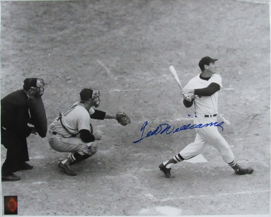 198521 Ted Williams HOF Signed/ Auto 16x20 Photo Red Sox Green Diamond Holo TWF: 198521 Ted Williams HOF Signed/ Auto 16x20 Photo Red Sox Green Diamond Holo TWF A rare opportunity to own a piece of baseball history, this 16x20 photo showcases the iconic swing of Ted Williams, sign