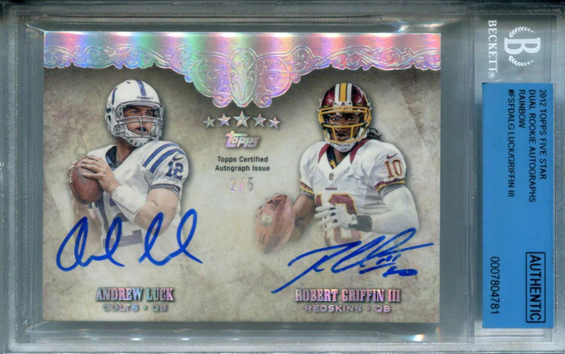Ca Andrew Luck & Robert Griffin III Autographed 2012 Topps Five Star Dual Rookie: Ca Andrew Luck & Robert Griffin III Autographed 2012 Topps Five Star Dual Rookie Rarity seekers, get ready to own a piece of NFL history! This autographed 2012 Topps Five Star Dual Rookie card, signed