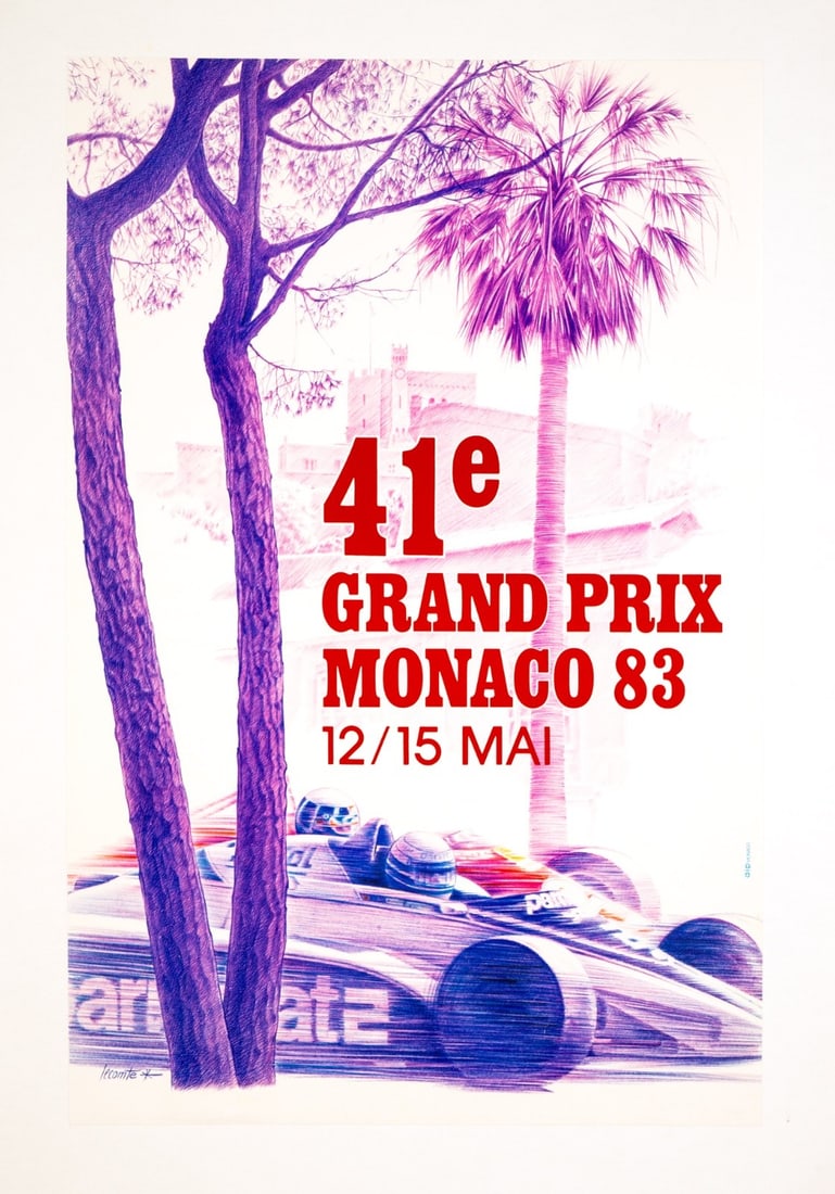 Original Monaco Grand Prix 1983 Pierre Lecomte Vintage French Race Car Poster: Original Monaco Grand Prix 1983 Pierre Lecomte Vintage French Race Car Poster Experience the thrill of Monaco's iconic Grand Prix circuit from 1983 with this original vintage poster, signed by renowne