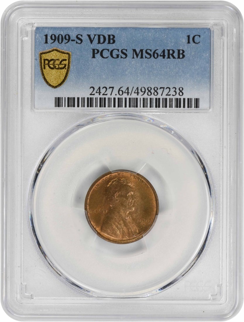 PCGS 1909-S VDB Lincoln Cent MS64RB: PCGS 1909-S VDB Lincoln Cent MS64RB A rare and highly sought-after Lincoln Wheat cent, the 1909-S VDB is a stunning example of early American coinage, graded MS64RB by PCGS. With only 484,000 minted i