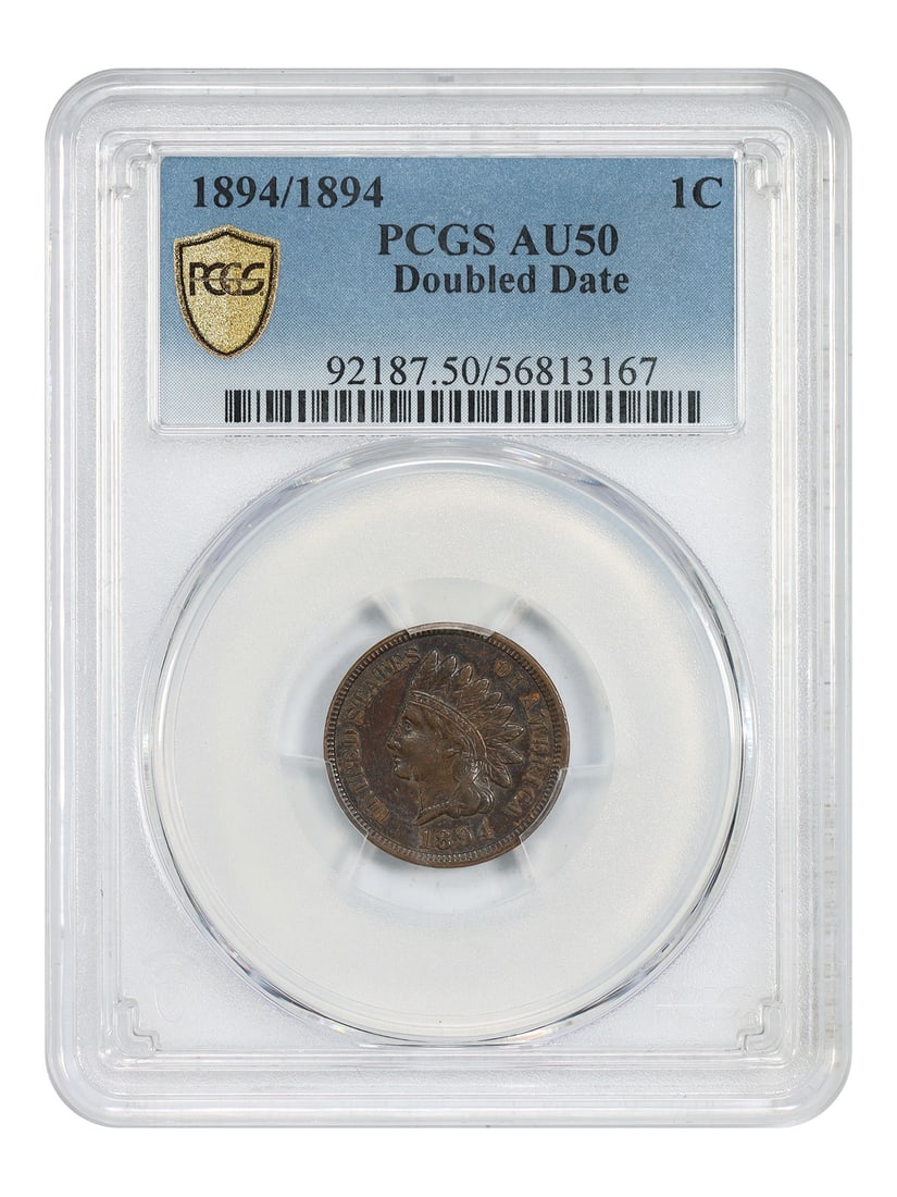 1894/ 1894 1C PCGS AU50 (Doubled Date) - Indian Cent Dramatic Variety: 1894/ 1894 1C PCGS AU50 (Doubled Date) - Indian Cent Dramatic Variety Experience the thrill of owning a rare and historic coin, the 1894/1894 Indian Cent with Doubled Date variety, graded AU50 by PCGS