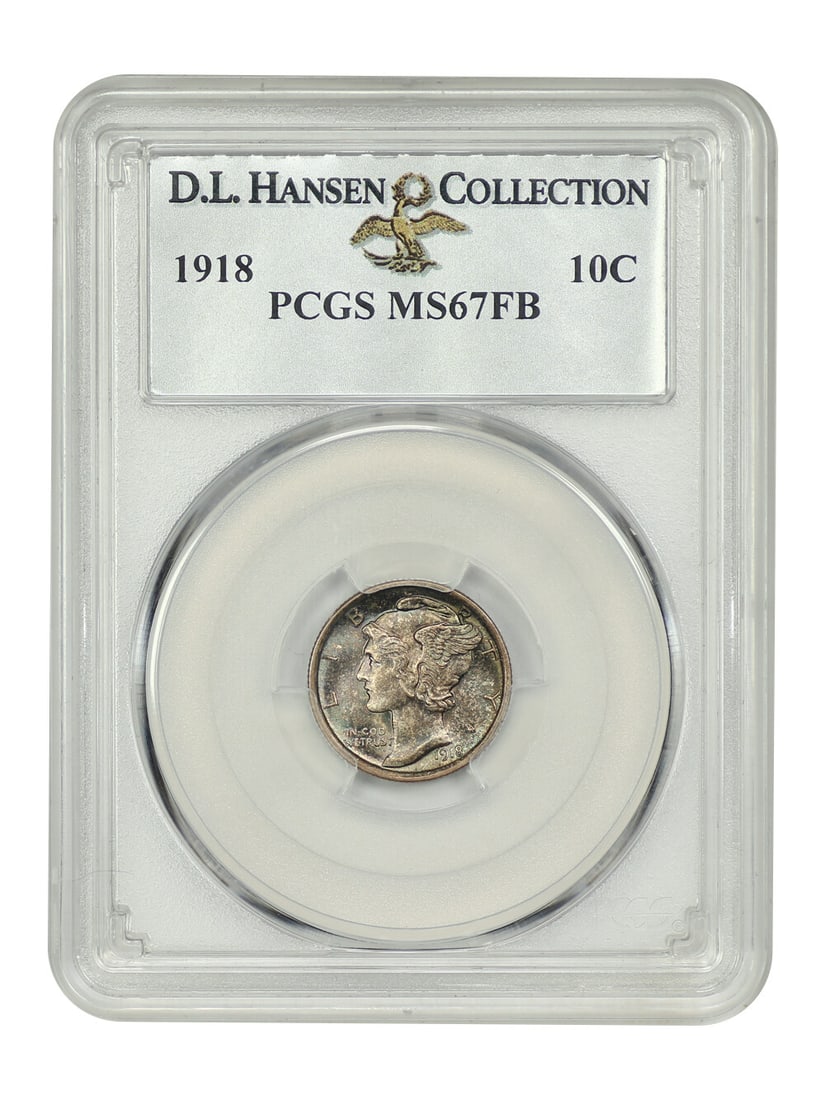 Hansen 1918 10C PCGS MS67FB ex: D.L.: Hansen 1918 10C PCGS MS67FB ex: D.L. A highly graded 1918 Mercury dime, certified MS67FB by PCGS, boasts exceptional condition and rarity, making it a standout among collectors. This stunning example