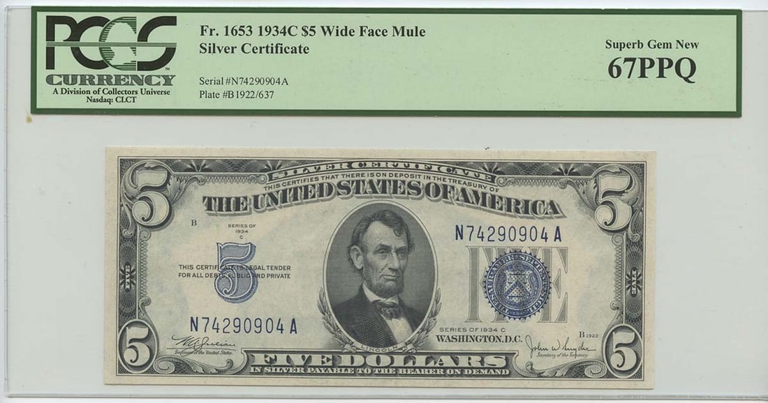 Mule 1934C $5 Silver Cert FR#1653 PCGS 67 Superb Gem Wide: Mule 1934C $5 Silver Cert FR#1653 PCGS 67 Superb Gem Wide Experience the rare beauty of a 1934C $5 Silver Certificate, certified by PCGS as an MS67 Superb Gem Wide. This stunning example boasts a high