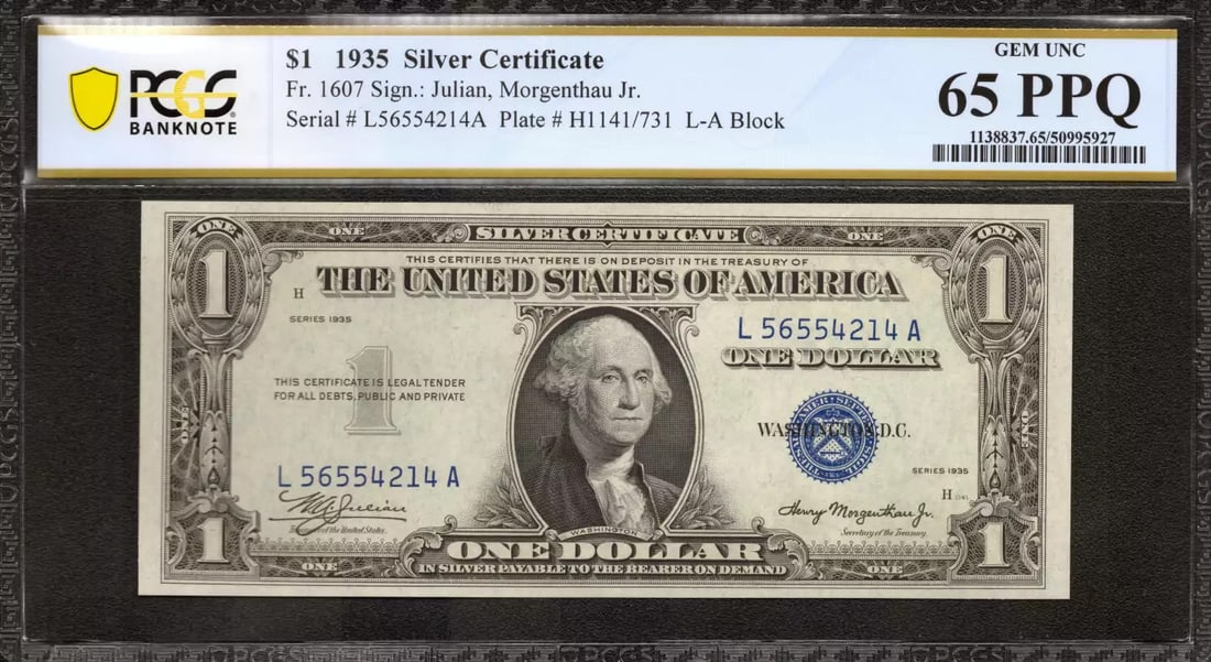 (214A 1935 $1 SILVER CERTIFICATE FR.1607 L-A BLOCK PCGS CERTIFIED GEM UNC 65 PPQ: (214A 1935 $1 SILVER CERTIFICATE FR.1607 L-A BLOCK PCGS CERTIFIED GEM UNC 65 PPQ Experience the rarity and beauty of a 1935 $1 Silver Certificate, certified by PCGS as a Gem Uncirculated 65 PPQ. This
