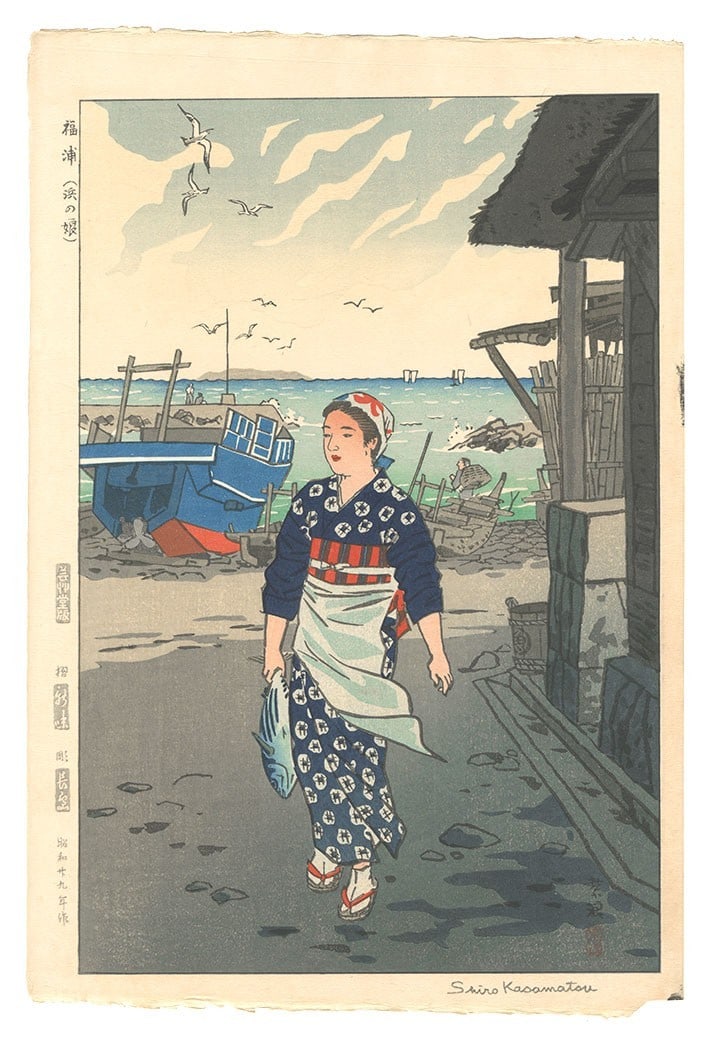 Japanese Kasamatsu Shiran woodblock print woman kimono beach landscape ocean: Japanese Kasamatsu Shiran woodblock print woman kimono beach landscape ocean Experience the serene beauty of Japan's coastal landscapes through this stunning woodblock print, created by renowned artis