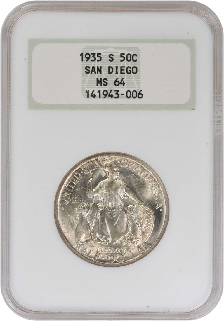 San Diego Commemorative Silver Half Dollar (1935-S) MS64 NGC: San Diego Commemorative Silver Half Dollar (1935-S) MS64 NGC Rarity and beauty come together in this stunning 1935-S San Francisco Mint commemorative silver half dollar, graded MS64 by the NGC. With o