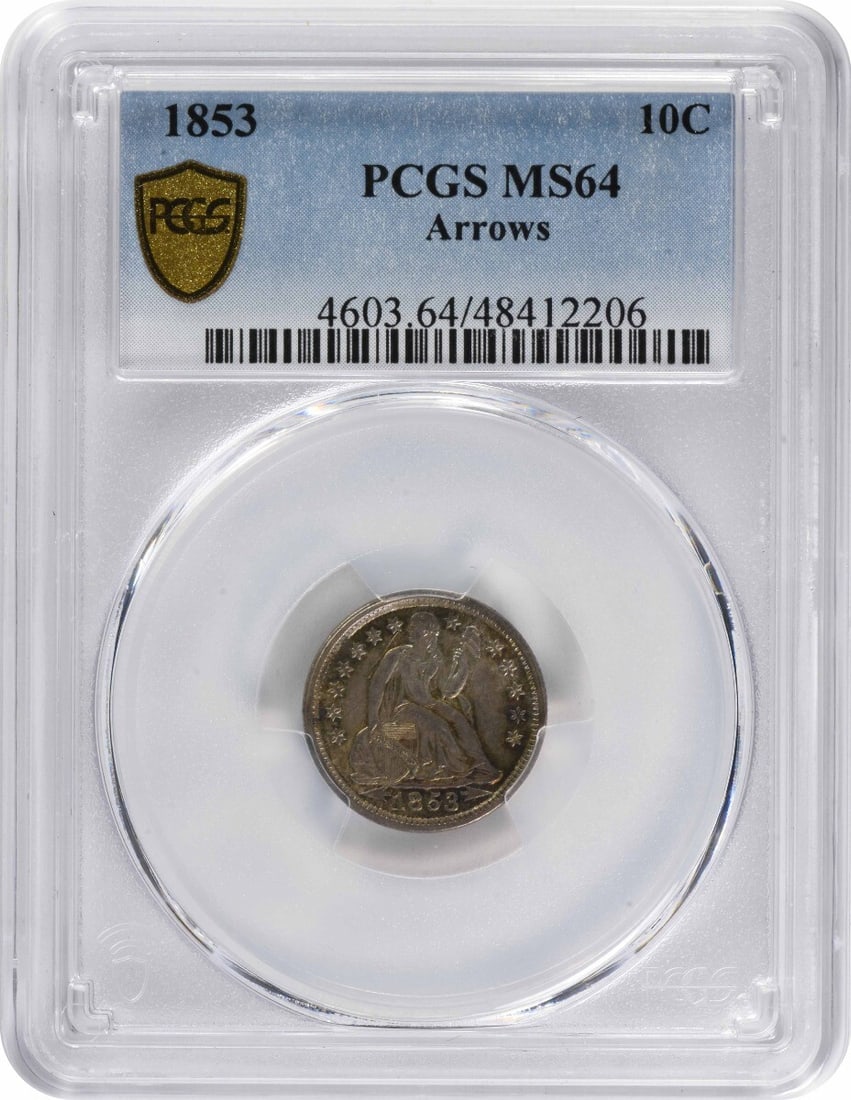 PCGS 1853 Liberty Seated Silver Dime Arrows MS64: PCGS 1853 Liberty Seated Silver Dime Arrows MS64 Experience the majesty of the 1853 Liberty Seated Silver Dime, one of the rarest and most iconic coins in American history. With its striking MS64 grad