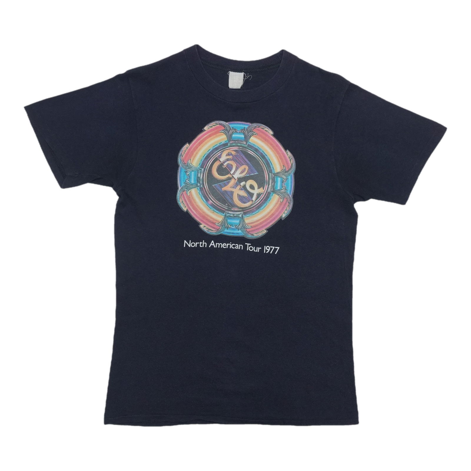 ELO 1977 North American Tour Shirt: ELO 1977 North American Tour Shirt Score the ultimate piece of rock history with this authentic 1977 ELO North American Tour Shirt, made from 100% cotton and boasting a classic black design that's sti