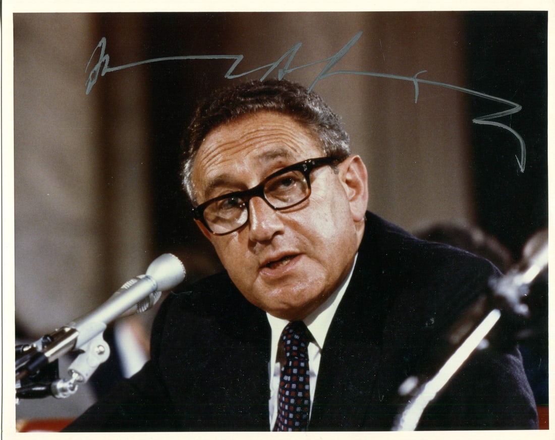 Photo Henry Kissinger Autographed 8x10: Photo Henry Kissinger Autographed 8x10 Meet the iconic statesman, Henry Kissinger, in a rare and authentic 8x10 photo signed in silver sharpie. Authenticated by renowned expert Rich Altman, this piece
