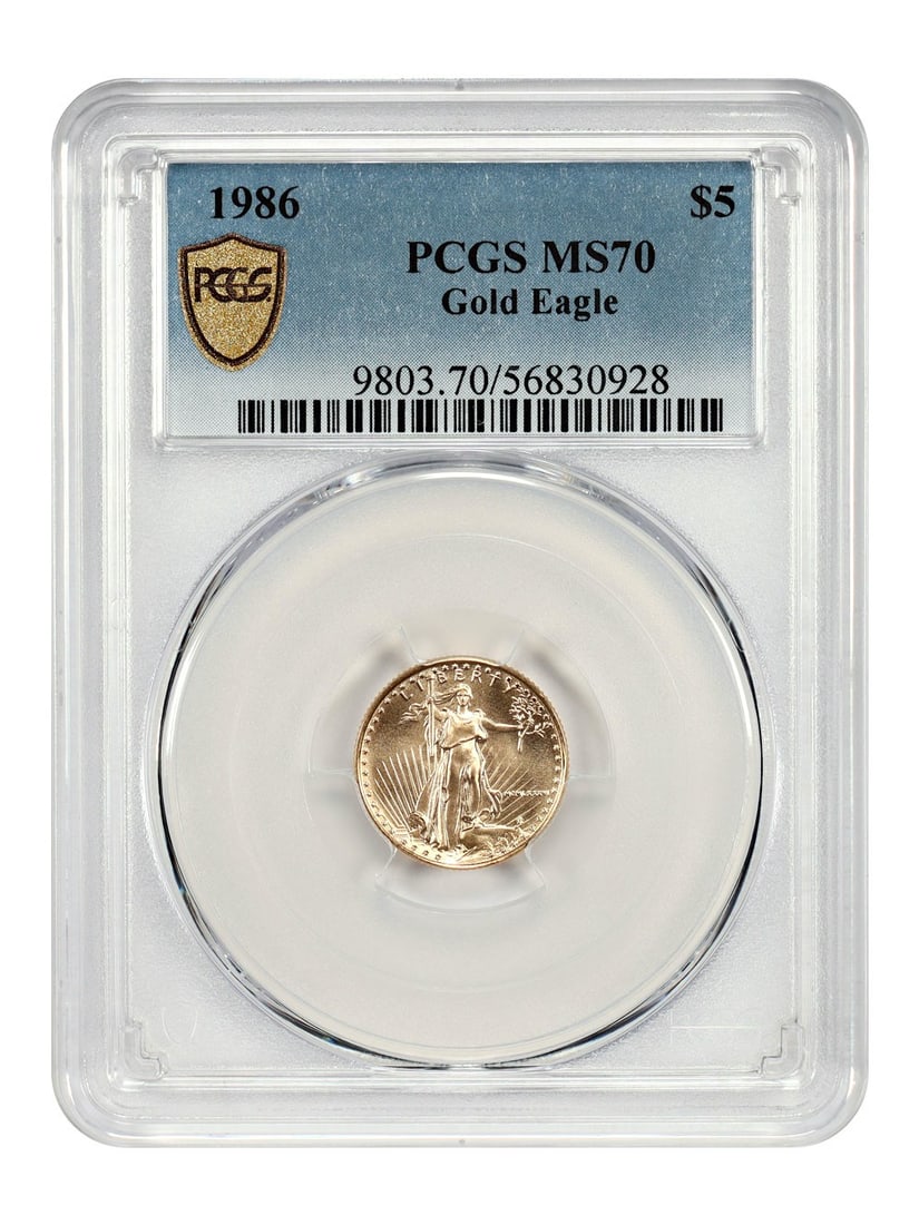 1986 $5 Gold Eagle PCGS MS70: 1986 $5 Gold Eagle PCGS MS70 Experience the pinnacle of American bullion coin collecting with this 1986 $5 Gold Eagle, certified MS70 by PCGS. This stunning example boasts pristine condition and excep