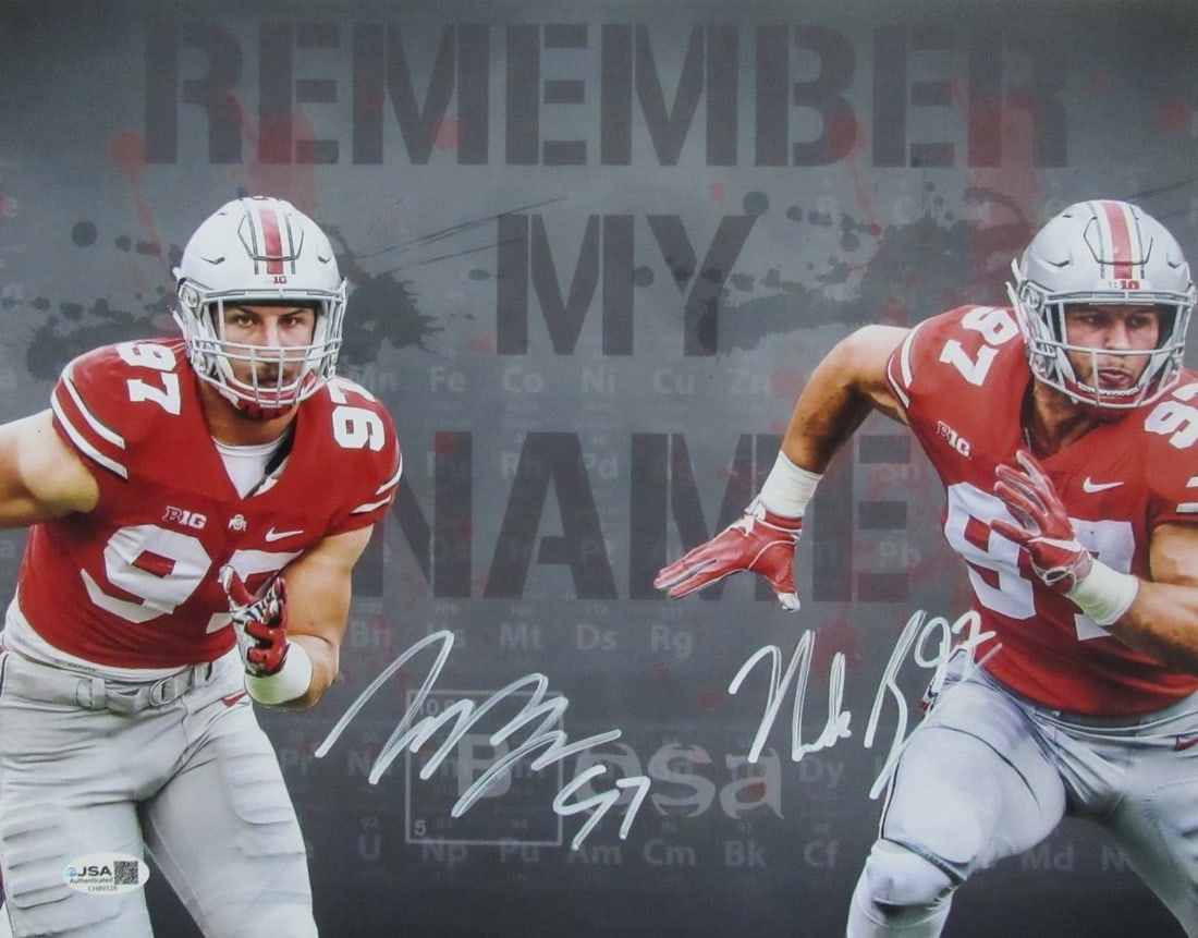 200802 Nick Bosa/ Joey Bosa Dual-Signed/ Autographed 11x14 Photo Ohio State JSA: 200802 Nick Bosa/ Joey Bosa Dual-Signed/ Autographed 11x14 Photo Ohio State JSA Get ready to showcase your Ohio State pride with this incredible autographed photo of the dynamic duo, Nick and Joey Bos