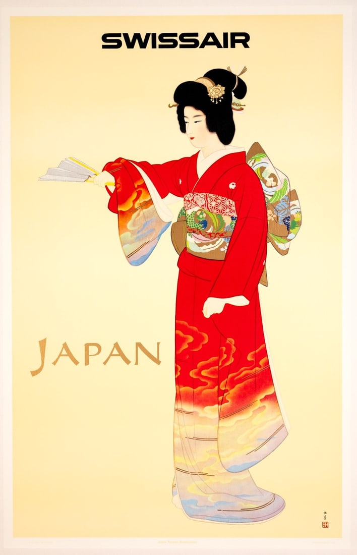 Linen Backed - Swissair Japan Poster Uemura Sh?K? 1968 - Geisha/ Jo No Mai: Linen Backed - Swissair Japan Poster Uemura Sh?K? 1968 - Geisha/ Jo No Mai A stunning original poster from 1968, created by renowned Japanese artist Uemura Shoko, showcases the beauty of traditional g