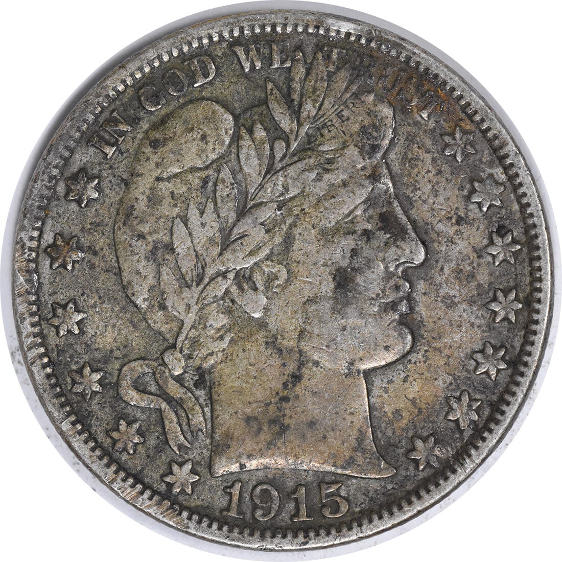 Uncertified 1915-S Barber Silver Half Dollar: Uncertified 1915-S Barber Silver Half Dollar Experience the charm of the early 20th century with this beautifully crafted 1915-S Barber Silver Half Dollar, featuring the iconic design of Charles E. Ba