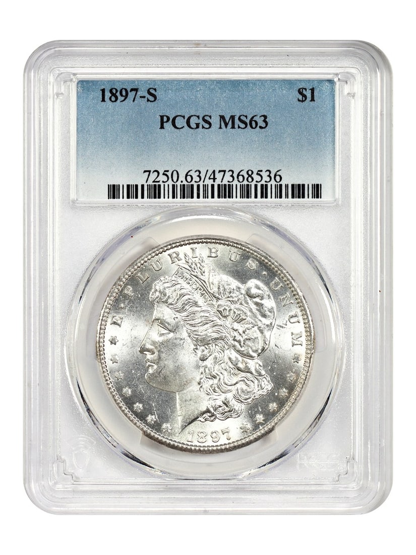 1897-S Morgan Dollar MS63 PCGS: 1897-S Morgan Dollar MS63 PCGS Experience the iconic 1897-S Morgan Dollar in pristine condition, graded MS63 by PCGS. This highly sought-after coin is a rare find from the San Francisco Mint, boasting