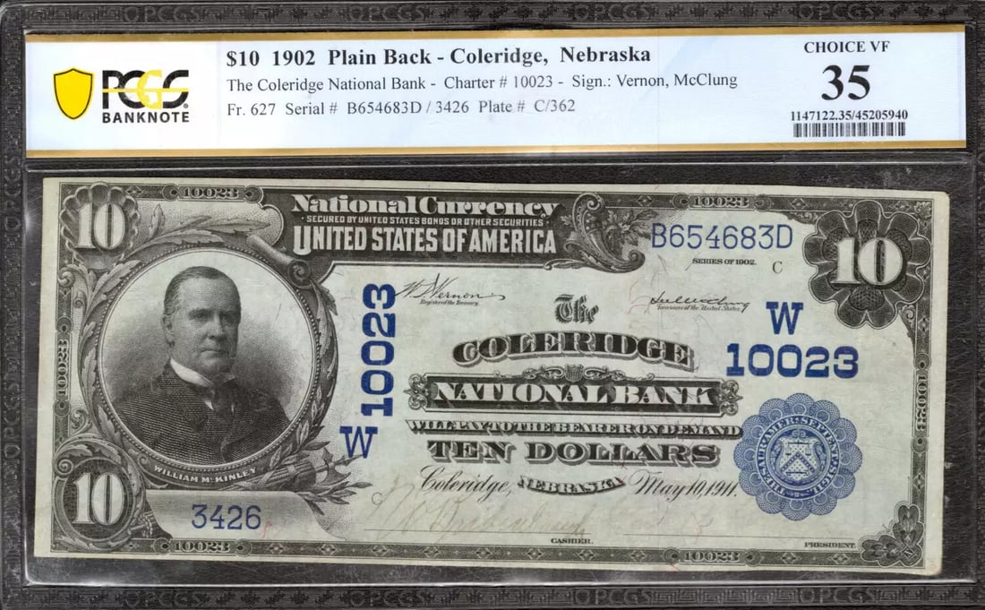 (683D) 1902 $10 COLERIDGE NATIONAL BANKNOTE CURRENCY FR.627 NEBRASKA PCGS 35 VF: (683D) 1902 $10 COLERIDGE NATIONAL BANKNOTE CURRENCY FR.627 NEBRASKA PCGS 35 VF A rare and historic $10 bill from 1902, graded 35 by PCGS, is up for auction. This circulated note, featuring a stunning