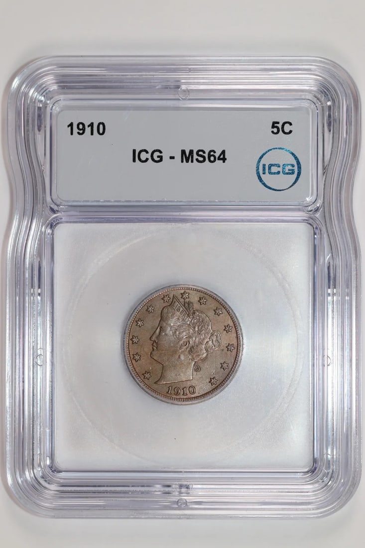 1910 Liberty V Nickel ICG MS64: 1910 Liberty V Nickel ICG MS64 A rare and highly sought-after 1910 Liberty V Nickel, certified by the International Coin Guaranty (ICG) as MS64, boasts stunning condition with minimal wear. This uncir