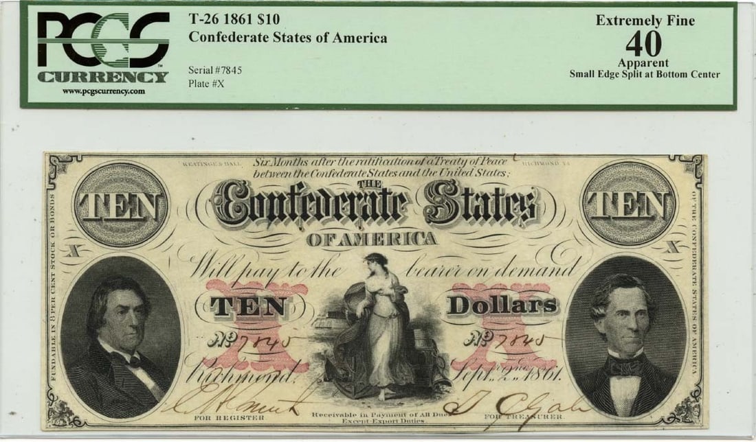 1861 $10 Confederate States of America T-26 PCGS XF40: 1861 $10 Confederate States of America T-26 PCGS XF40 A rare and historically significant Confederate note, the 1861 $10 T-26 is a highly sought-after collector's item. Certified by PCGS as an XF40, t