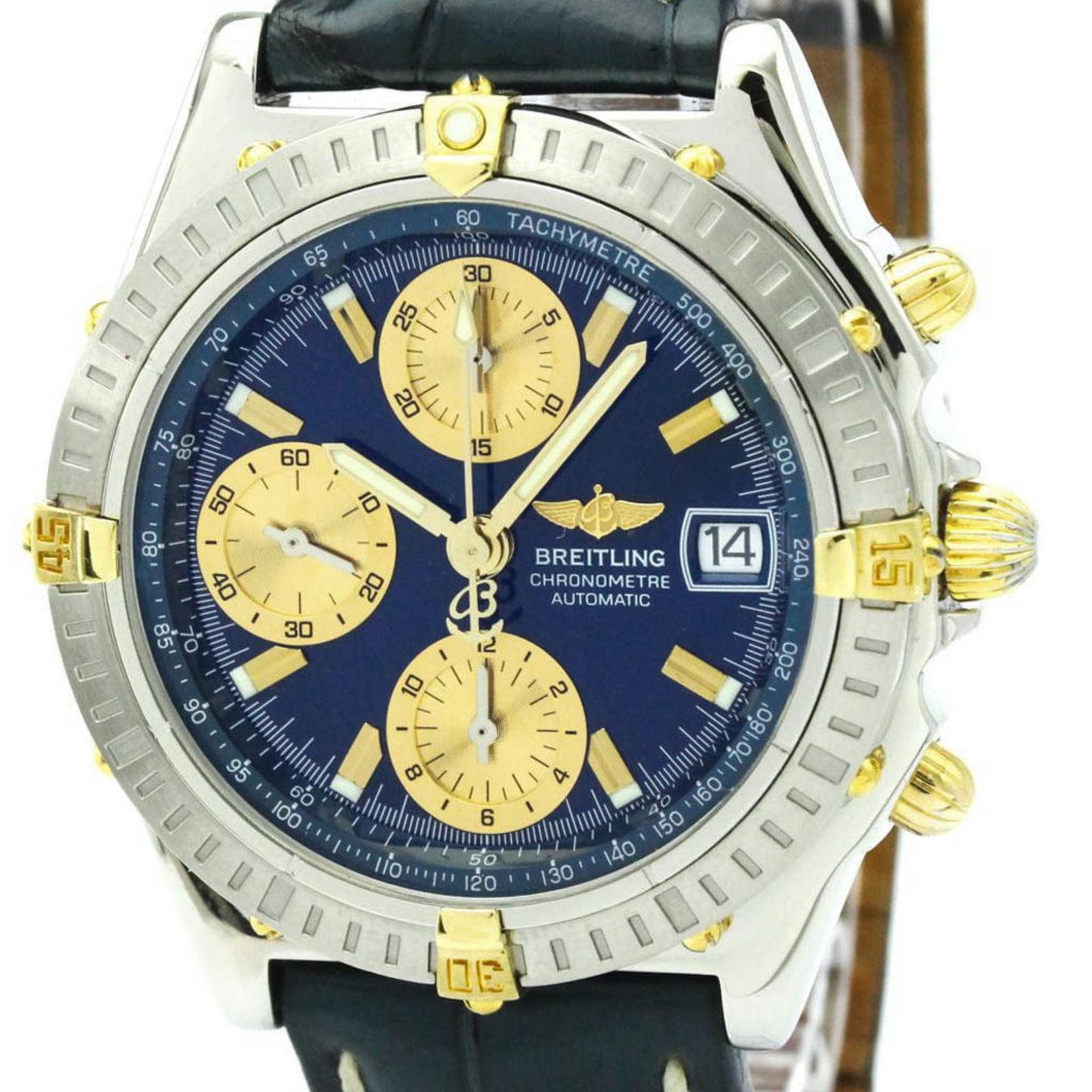 Wristwatch Breitling: Wristwatch Breitling A stylish and durable Breitling wristwatch, crafted from 18K yellow gold and stainless steel, boasts a sleek 40mm case diameter and sporty design. With its leather band and vibran