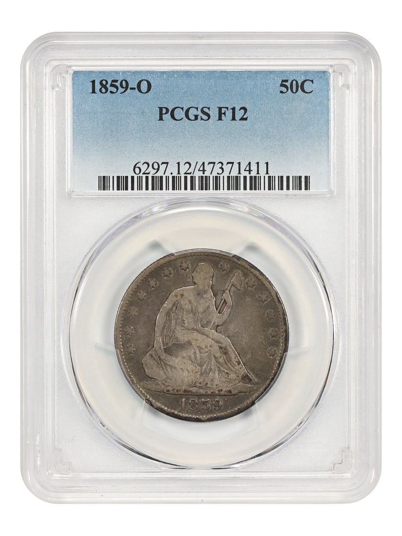 1859-O Liberty Seated Half Dollar (PCGS Fine 12): 1859-O Liberty Seated Half Dollar (PCGS Fine 12) Experience the rich history of the Liberty Seated Half Dollar with this 1859-O coin, certified by PCGS as Fine 12. Struck in New Orleans and bearing th