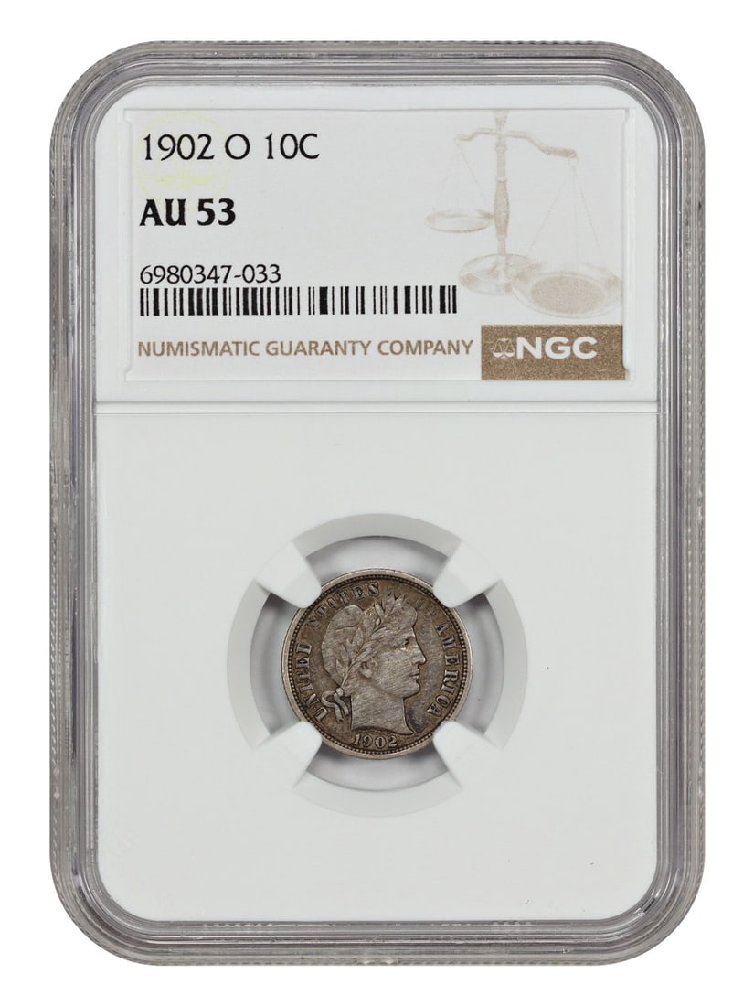 Barber Dime 1902-O 10C NGC AU53: Barber Dime 1902-O 10C NGC AU53 A rare and highly sought-after 1902-O Barber Dime, certified by the NGC as AU53, is up for grabs. This circulated example boasts a rich history, having been minted in N