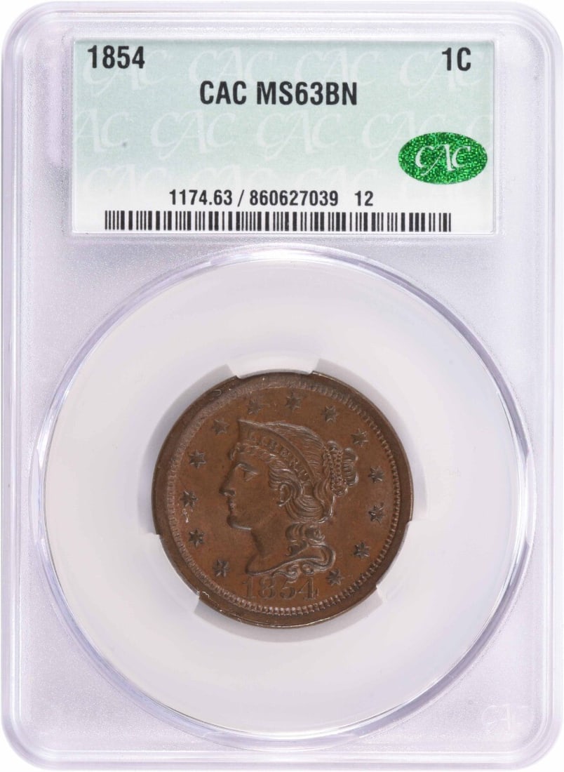 CACG 1854 Large Cent MS63BN: CACG 1854 Large Cent MS63BN Experience the beauty of American numismatics with this stunning 1854 Large Cent, graded MS63 by CACG. With its braided hair design and rich copper composition, this coin i