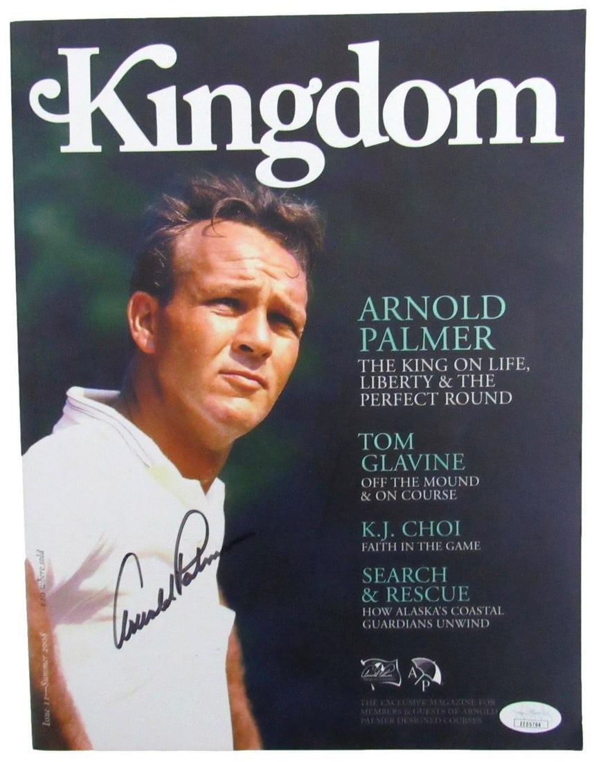 Arnold Palmer Signed 2008 Kingdom Magazine (JSA 165911): Arnold Palmer Signed 2008 Kingdom Magazine (JSA 165911) Get ready to own a piece of golf history with this autographed issue of Kingdom Magazine from 2008, signed by the legendary Arnold Palmer. As ve
