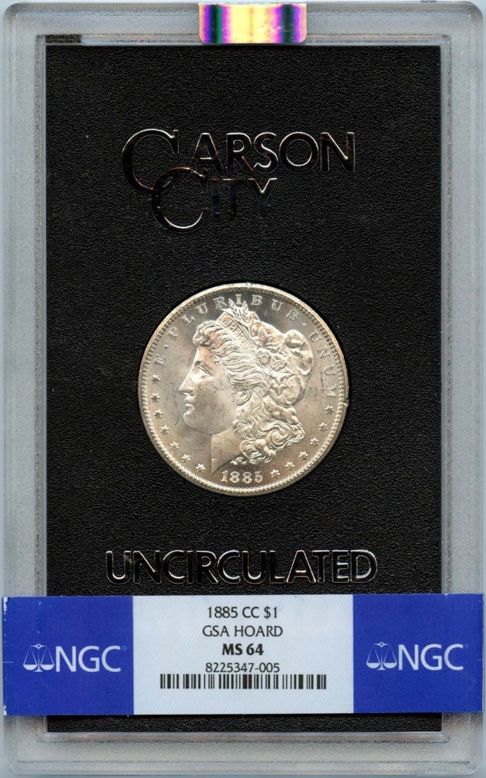 MS64 1885-CC S$1 Morgan Dollar GSA HOARD NGC: MS64 1885-CC S$1 Morgan Dollar GSA HOARD NGC Experience the beauty of the 1885 Carson City Morgan Dollar, graded MS64 by NGC and certified as uncirculated. This rare coin is a testament to the craftsm