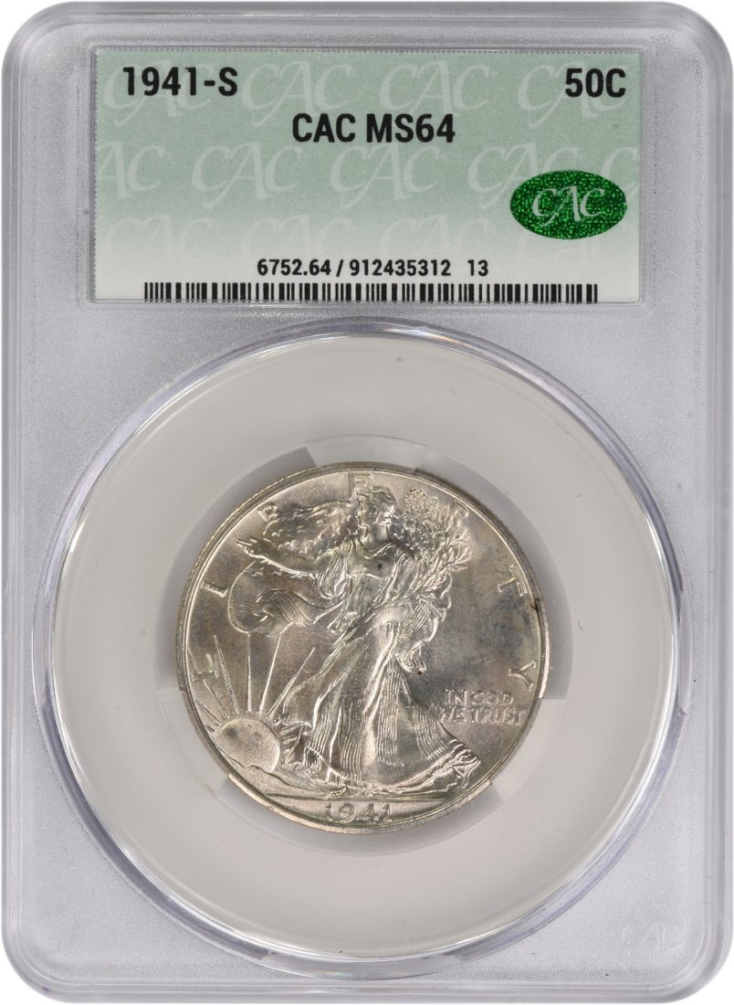 1941-S Walking Liberty Half Dollar MS64 CACG: 1941-S Walking Liberty Half Dollar MS64 CACG Experience the iconic design of Adolph Alexander Weinman's Walking Liberty Half Dollar in stunning MS64 condition, certified by CACG. This 1941-S San Franc