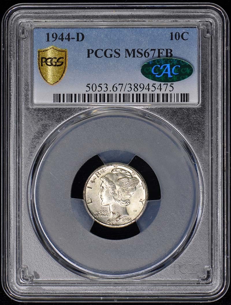 1944-D Mercury Dime PCGS MS67FB CAC: 1944-D Mercury Dime PCGS MS67FB CAC Experience the rare beauty of a 1944-D Mercury Dime, certified MS67 by PCGS and slabbed with a coveted CAC label. This stunning example of American numismatics boas
