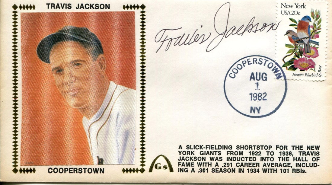 Cover Travis Jackson Autographed First Day: Cover Travis Jackson Autographed First Day Get ready to own a piece of history with this rare Travis Jackson Autographed First Day Cover! Authenticated by renowned expert Rich Altman and accompanied b