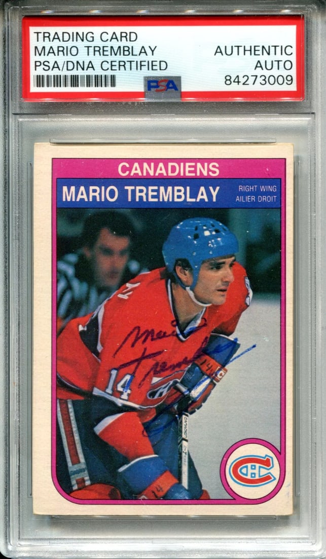 Mario Tremblay 1982 O-Pee-Chee Autographed Card (PSA): Mario Tremblay 1982 O-Pee-Chee Autographed Card (PSA) Get ready to relive the nostalgia of 80s hockey with this rare and authentic Mario Tremblay autographed O-Pee-Chee card, slabbed by the leading ex