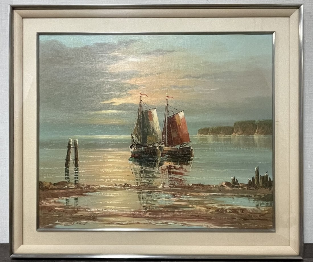 Art Gerold J Eggert Oil Painting Boats Seascape Large F20 Signed Framed: Art Gerold J Eggert Oil Painting Boats Seascape Large F20 Signed Framed Experience the serene beauty of Gerold J Eggert's Impressionist seascape, captured in vibrant oil paints on large canvas. This o