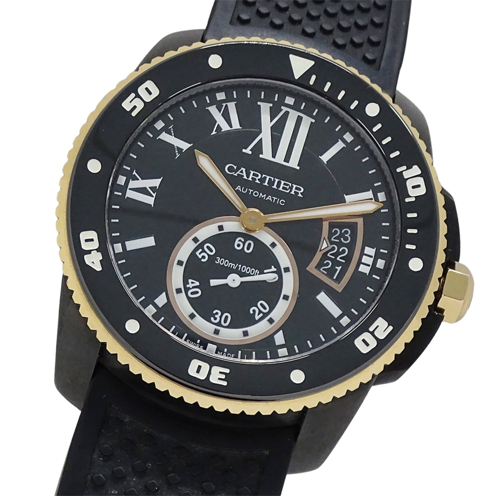 Wristwatch Cartier: Wristwatch Cartier A sleek and sophisticated Cartier wristwatch, crafted from durable carbon and pink gold, boasts a striking black dial against its 43mm case. With a versatile rubber band and adjusta