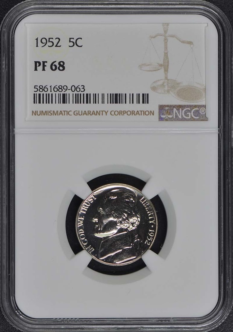 1952 Jefferson Nickel (5C) - NGC PR68: 1952 Jefferson Nickel (5C) - NGC PR68 Experience the iconic design of the 1952 Jefferson Nickel, certified by the Numismatic Guaranty Corporation (NGC) as PR68, one of the highest grades for circulate