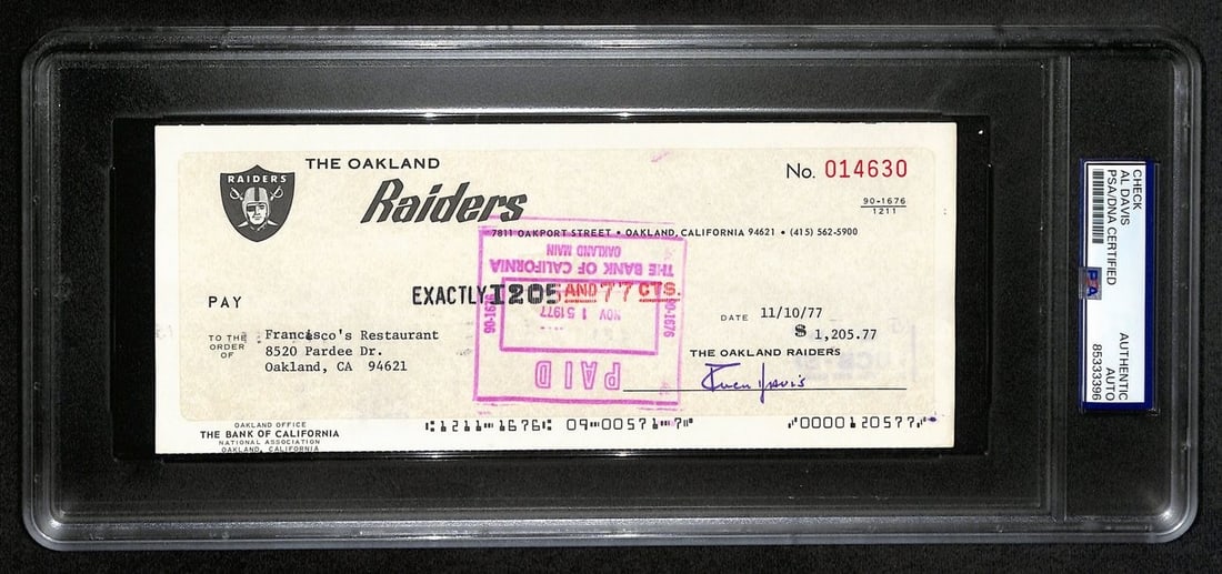 Al Davis HOF Signed 8.5x3.5 Bank Check (PSA/ DNA 193239): Al Davis HOF Signed 8.5x3.5 Bank Check (PSA/ DNA 193239) Get ready to own a piece of football history with this incredible Al Davis signed bank check, authenticated by the Sports Memorabilia Guaranty