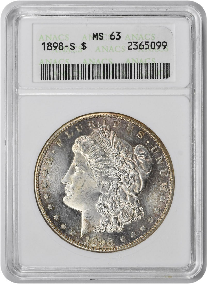 ANACS 1898-S Morgan Silver Dollar MS63: ANACS 1898-S Morgan Silver Dollar MS63 Experience the majesty of the 1898-S Morgan Silver Dollar, certified MS63 by ANACS, with its stunning reeded edge and rich silver composition. This uncirculated
